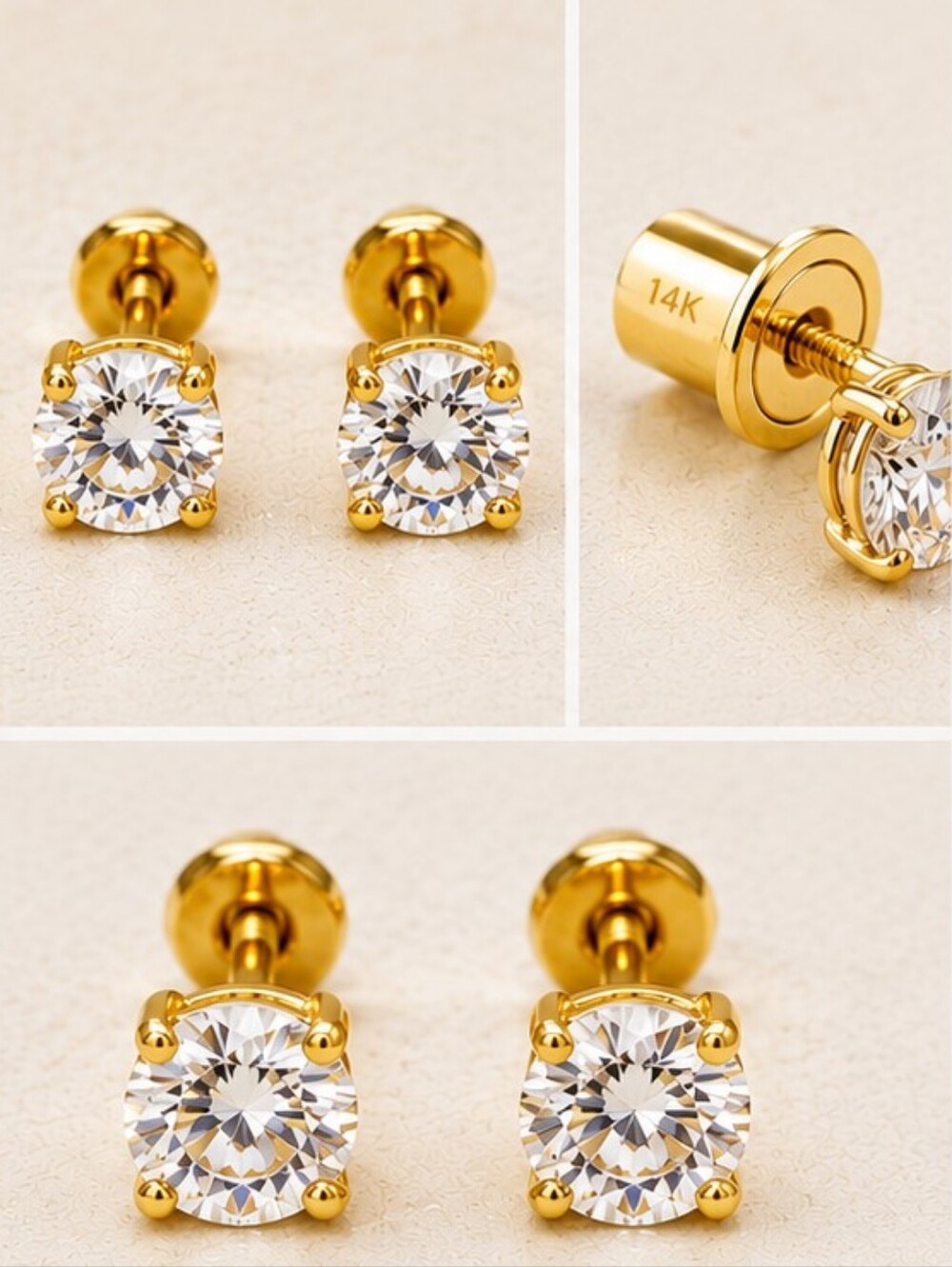 ✨ 14K Gold 6.2mm CZ Stud Earrings | Secure Screw Back | Stamped 14K
